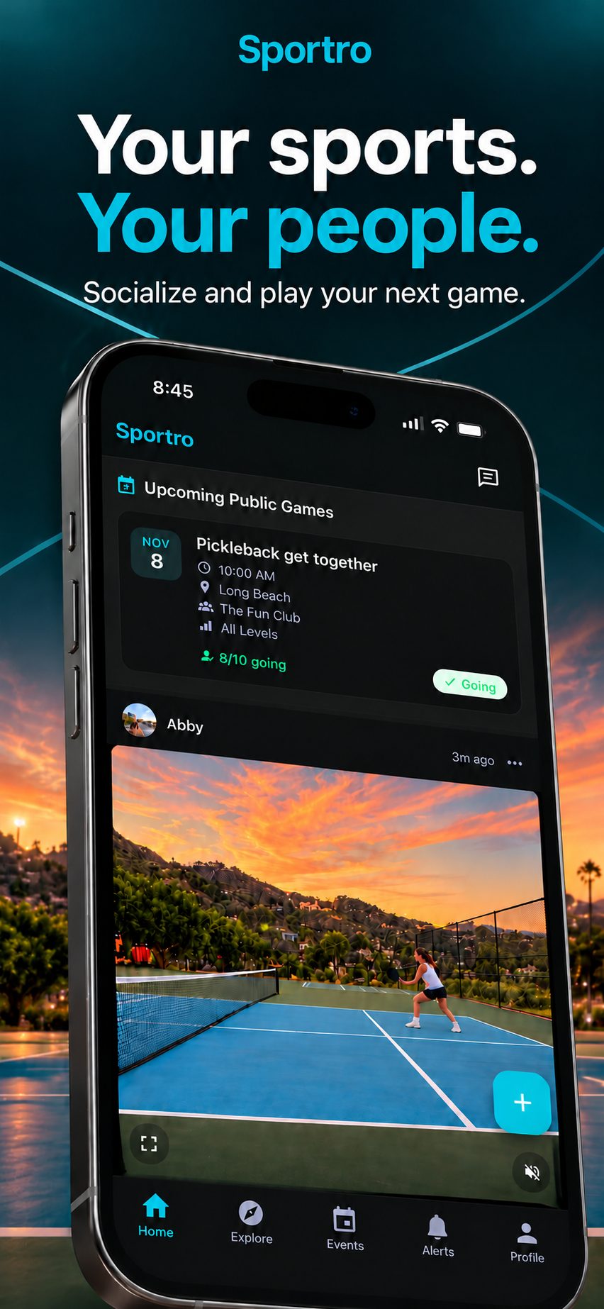 Sportro App Store screen — home feed with upcoming public games